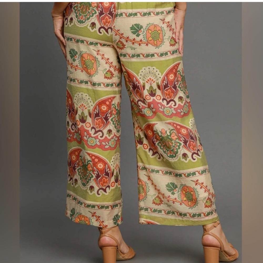 Umgee Wide Leg Green Print Pants Size Medium NWT - Picture 4 of 4